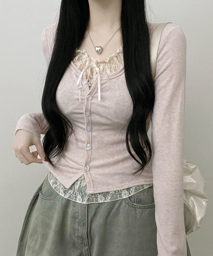 밀크티레이스리본레이어드긴팔가디건 핑크