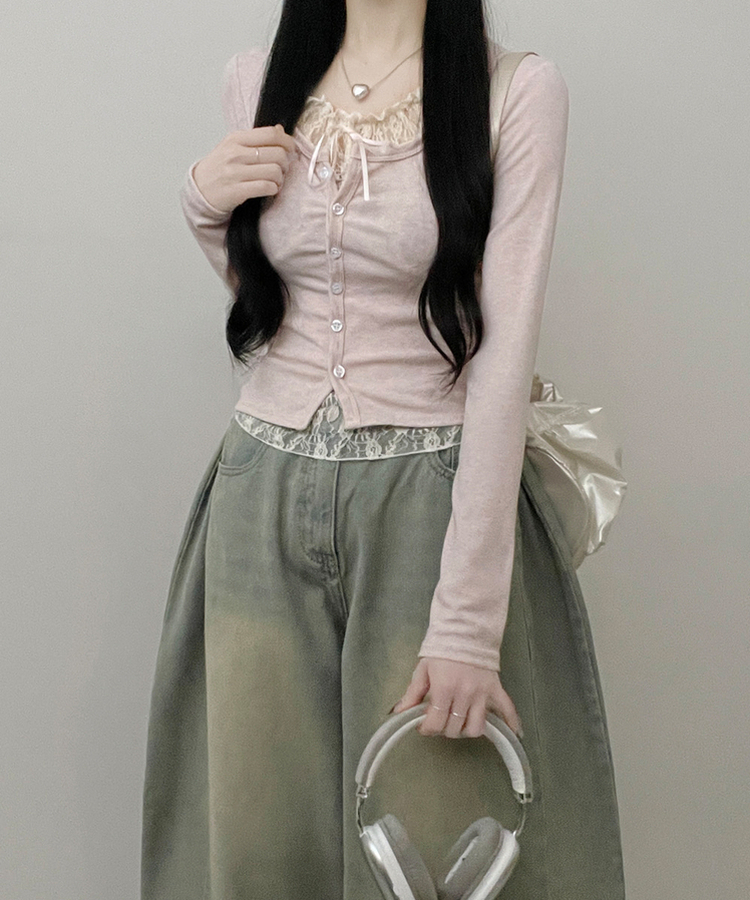 밀크티레이스리본레이어드긴팔가디건 핑크