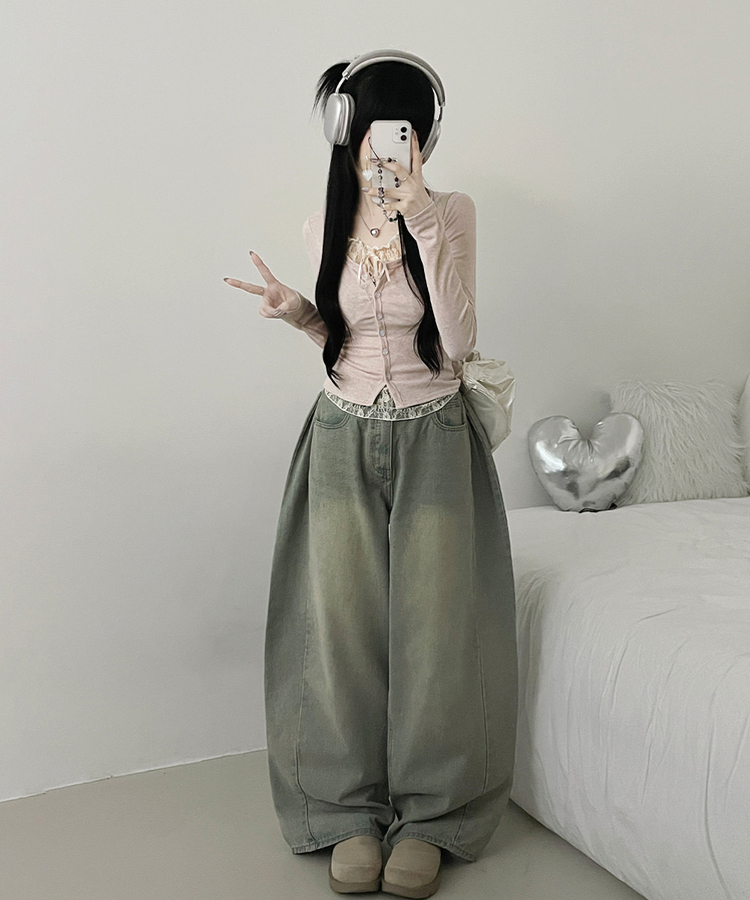 밀크티레이스리본레이어드긴팔가디건 핑크