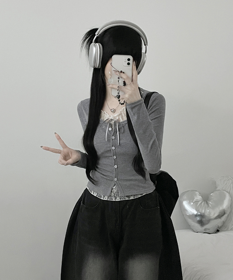 밀크티레이스리본레이어드긴팔가디건 그레이