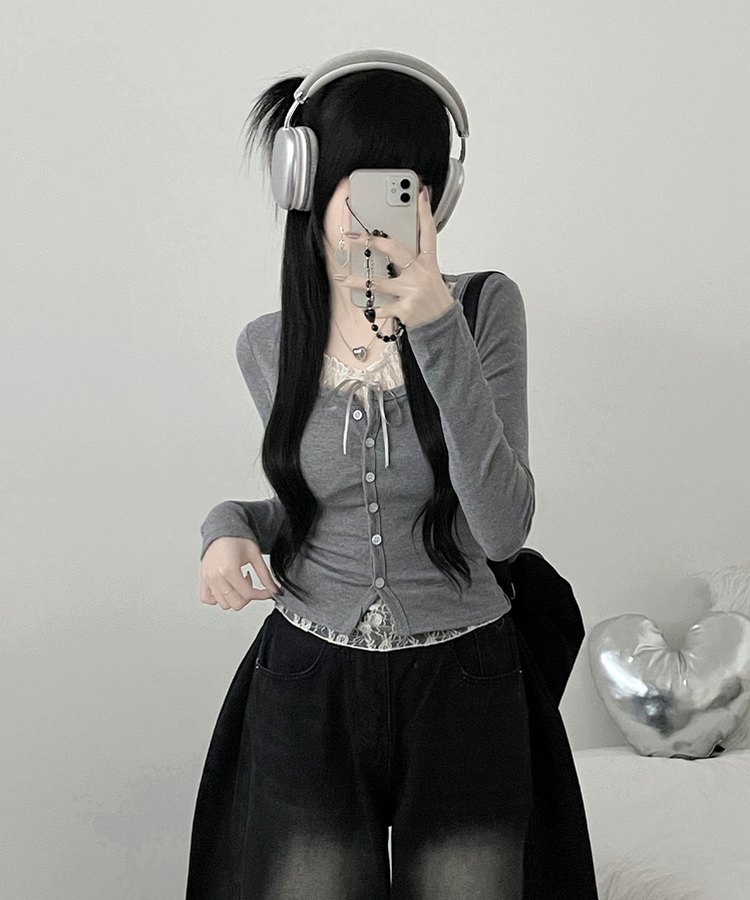 밀크티레이스리본레이어드긴팔가디건 그레이