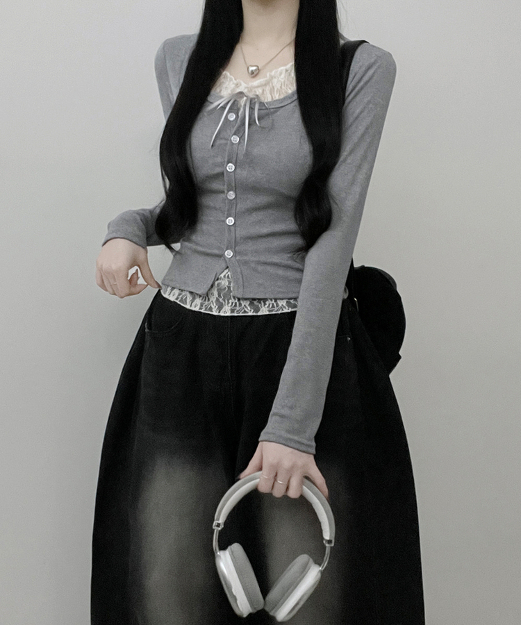 밀크티레이스리본레이어드긴팔가디건 그레이