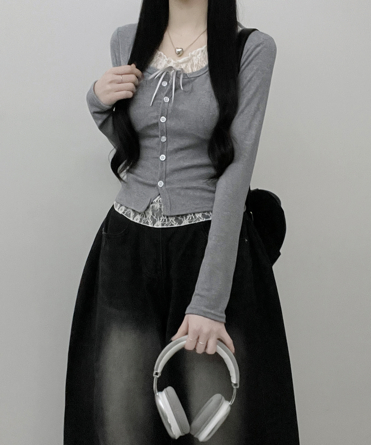 밀크티레이스리본레이어드긴팔가디건 그레이