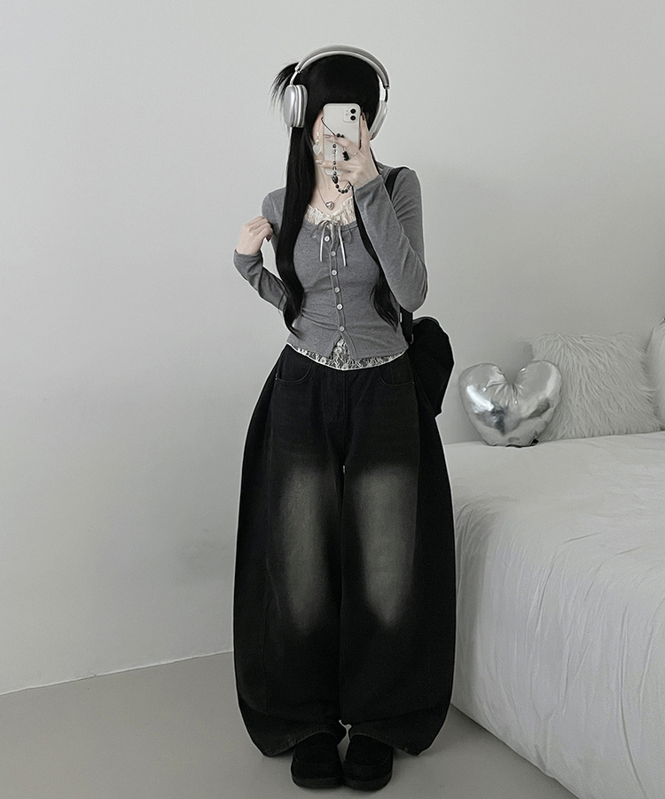 밀크티레이스리본레이어드긴팔가디건 그레이