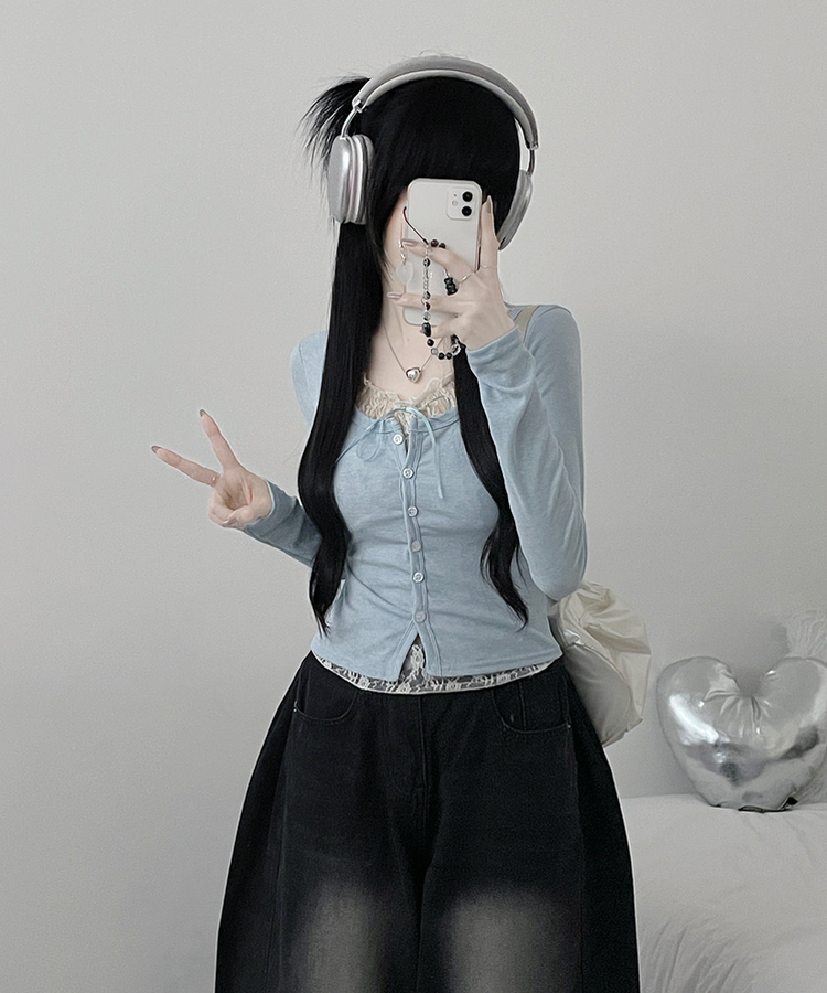 밀크티레이스리본레이어드긴팔가디건 소라