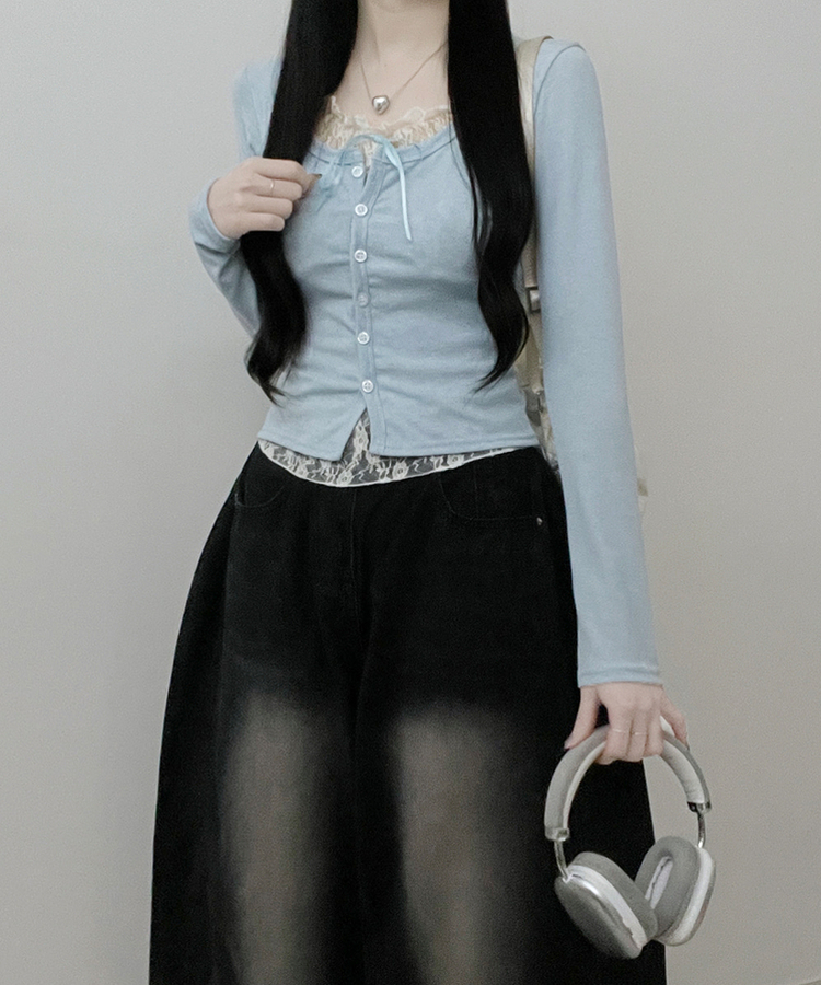 밀크티레이스리본레이어드긴팔가디건 소라