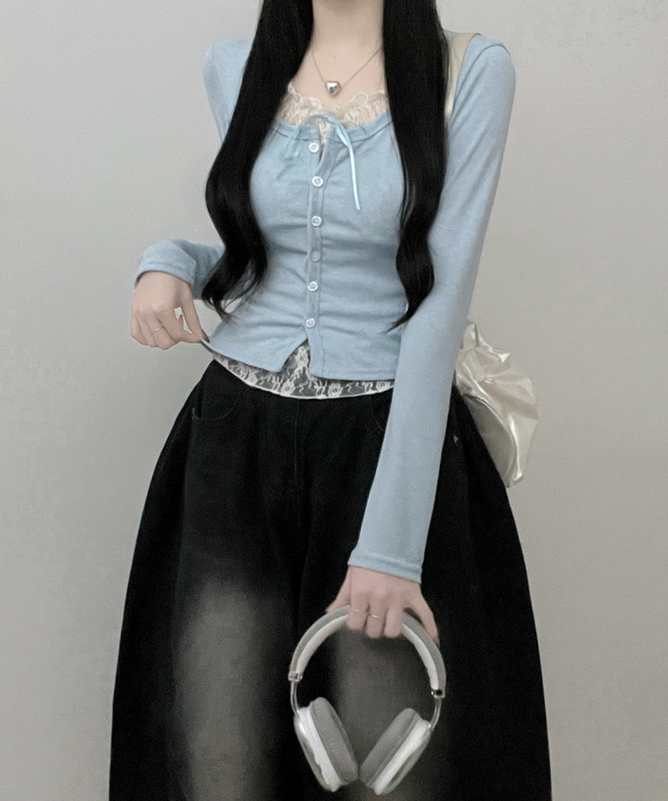 밀크티레이스리본레이어드긴팔가디건 소라