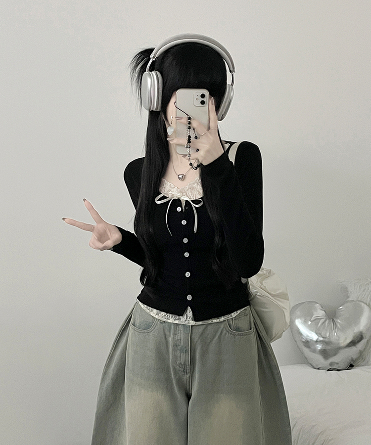 밀크티레이스리본레이어드긴팔가디건 블랙