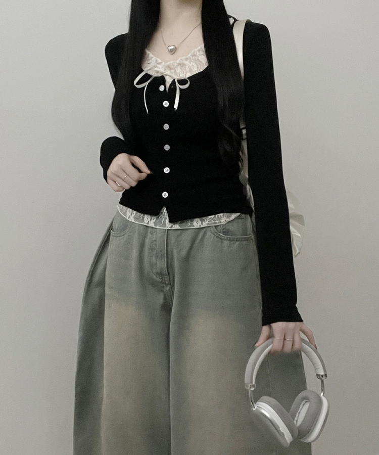 밀크티레이스리본레이어드긴팔가디건 블랙