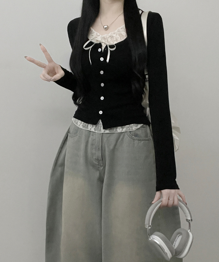 밀크티레이스리본레이어드긴팔가디건 블랙