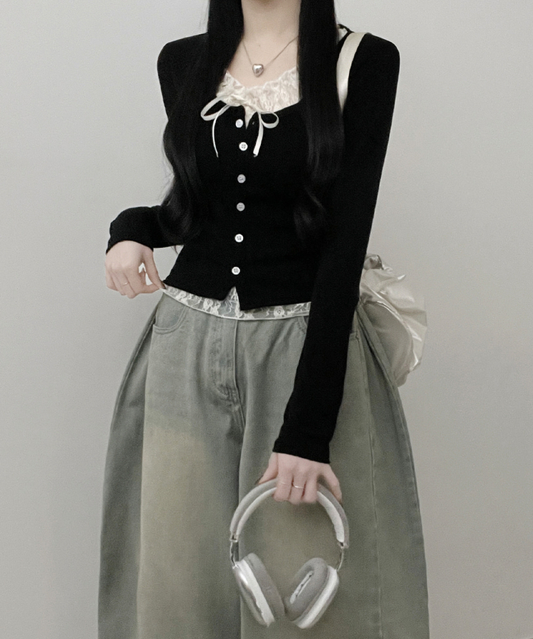 밀크티레이스리본레이어드긴팔가디건 블랙