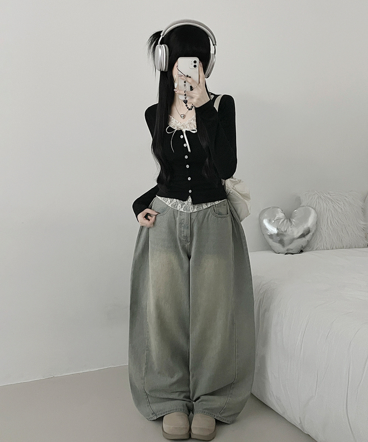 밀크티레이스리본레이어드긴팔가디건 블랙