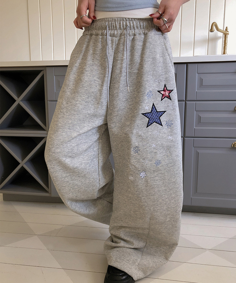 星刺繍ワイドトレーニングパンツ GREY