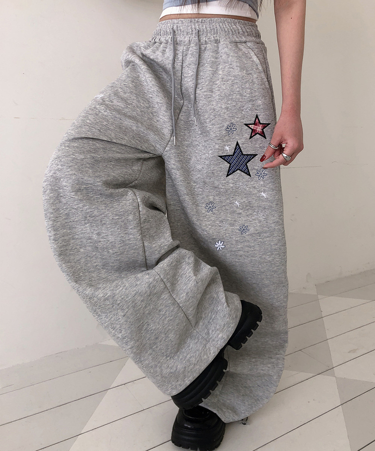 星刺繍ワイドトレーニングパンツ GREY