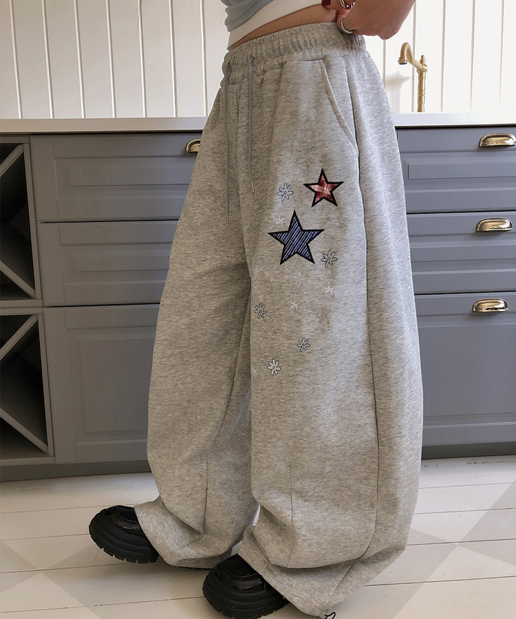 星刺繍ワイドトレーニングパンツ GREY