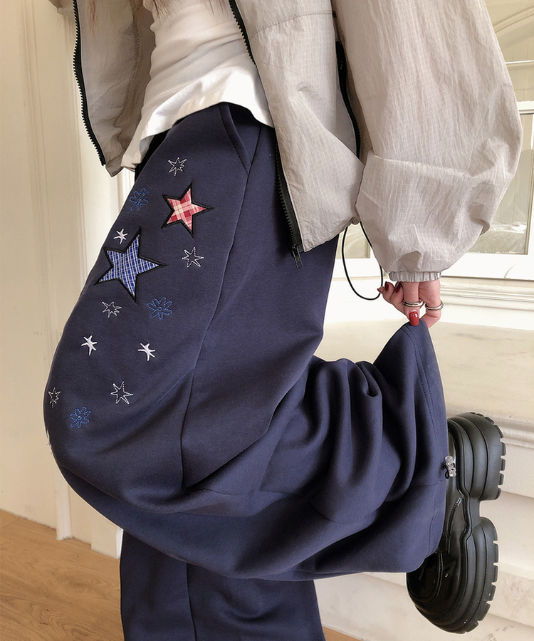 星刺繍ワイドトレーニングパンツ NAVY