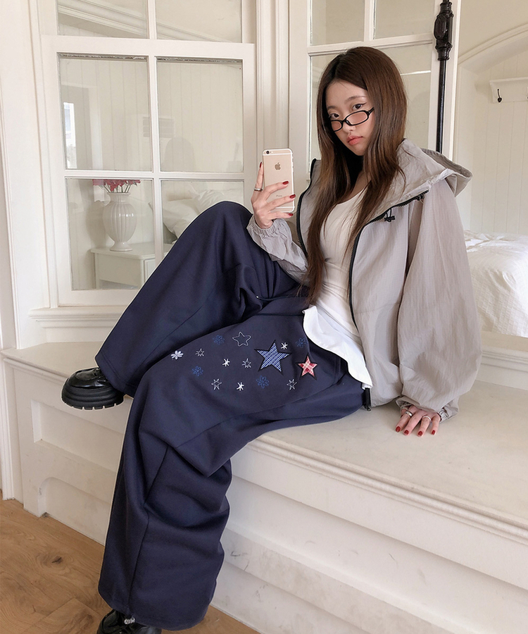 星刺繍ワイドトレーニングパンツ NAVY