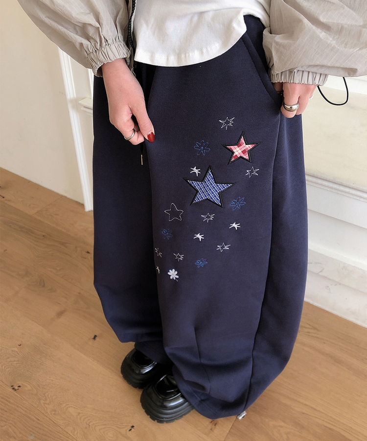 星刺繍ワイドトレーニングパンツ NAVY