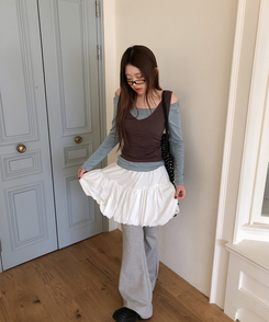 【SET】レイヤードバイカラーキャミソール＋長袖Tシャツ BROWN