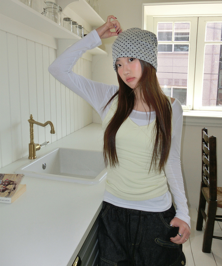 【SET】レイヤードバイカラーキャミソール＋長袖Tシャツ YELLOW