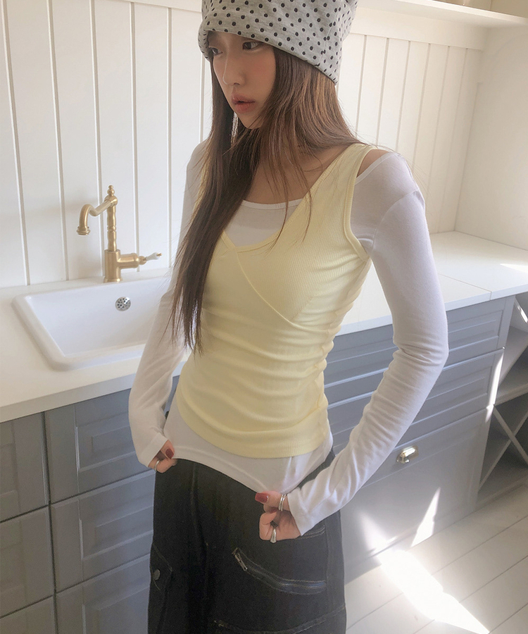 【SET】レイヤードバイカラーキャミソール＋長袖Tシャツ YELLOW