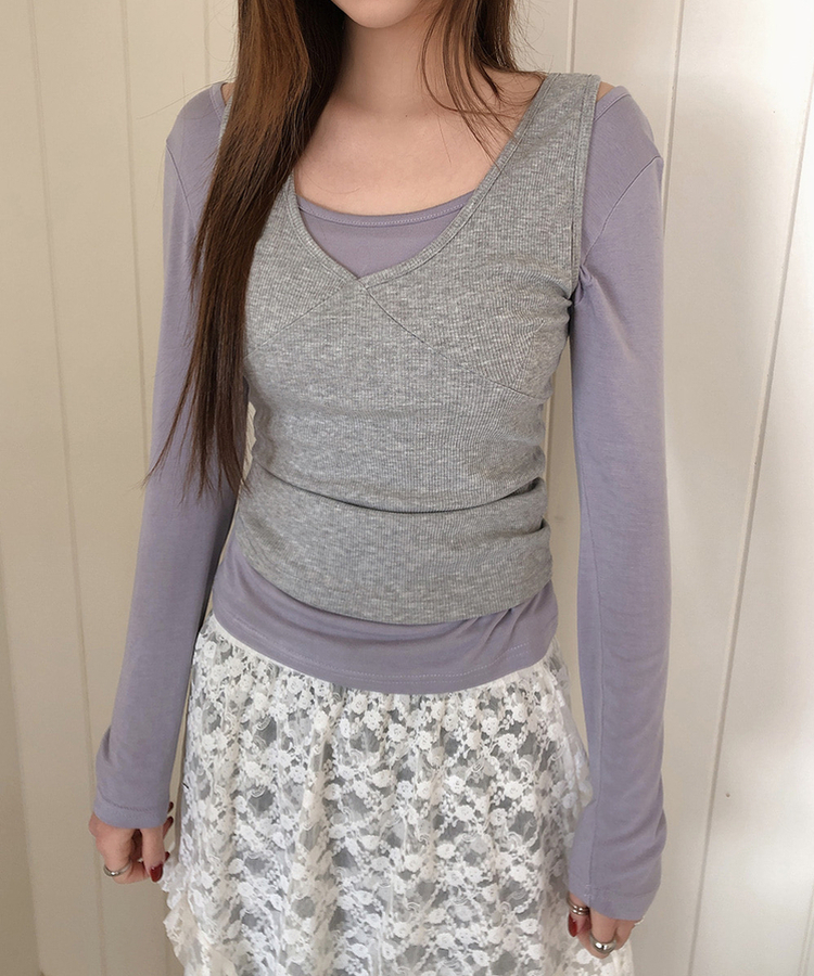 【SET】レイヤードバイカラーキャミソール＋長袖Tシャツ GREY