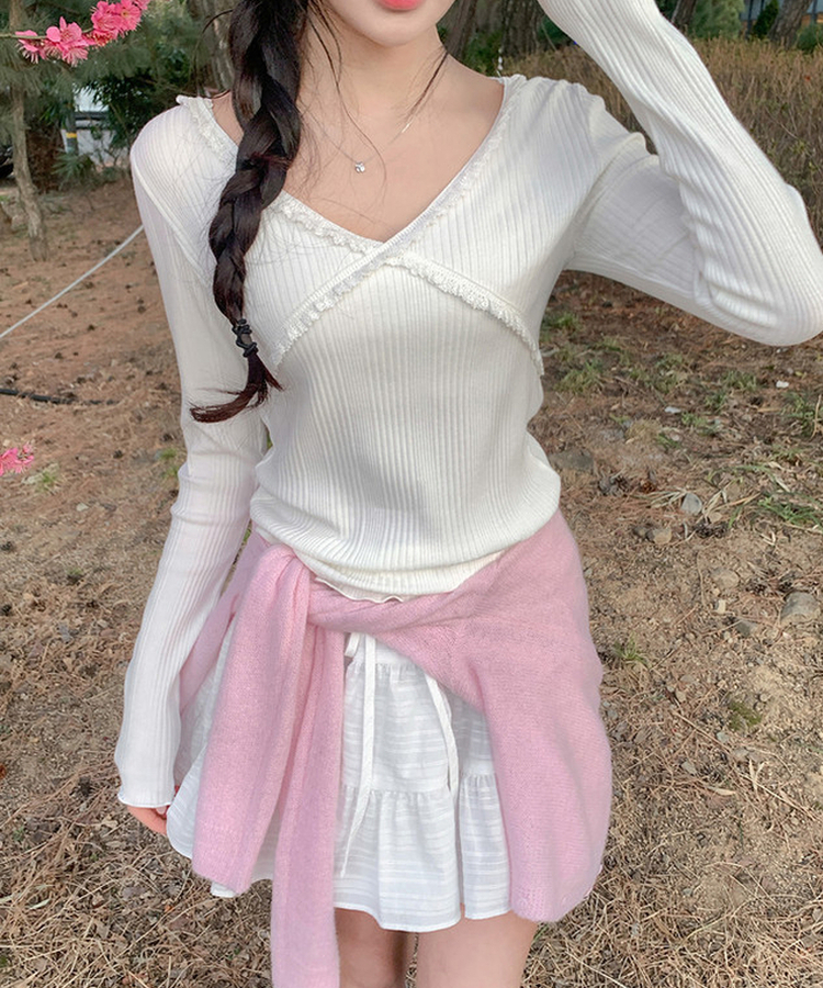 レーススリム長袖ニットT IVORY