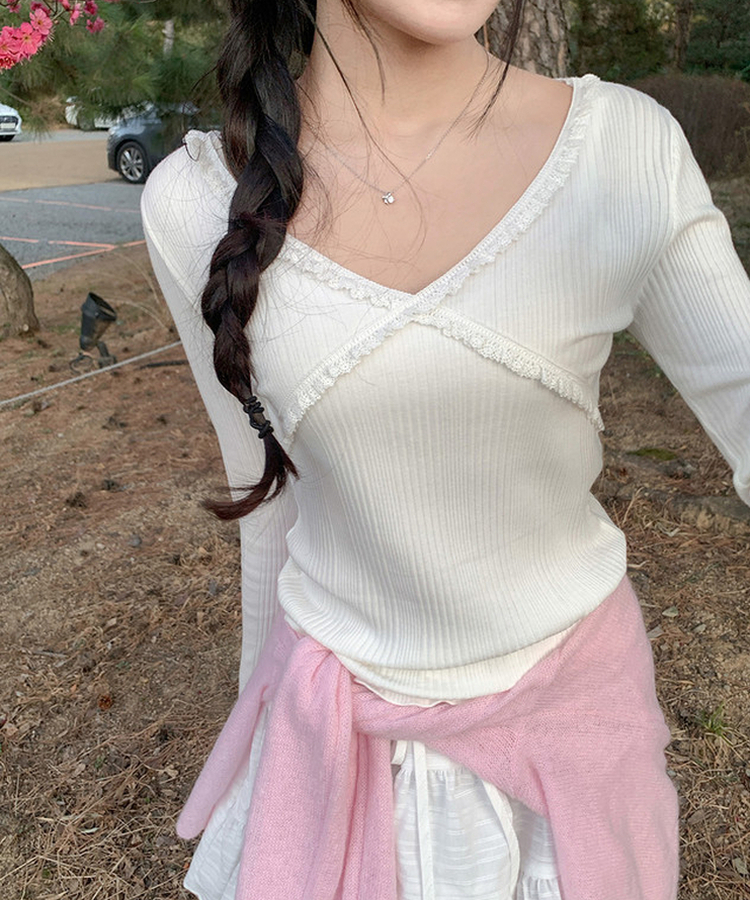 レーススリム長袖ニットT IVORY