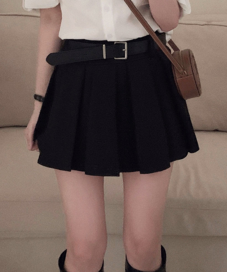 구김걱정없는 탄탄함시카고 플리츠 벨트SET 미니 A라인 스커트 블랙