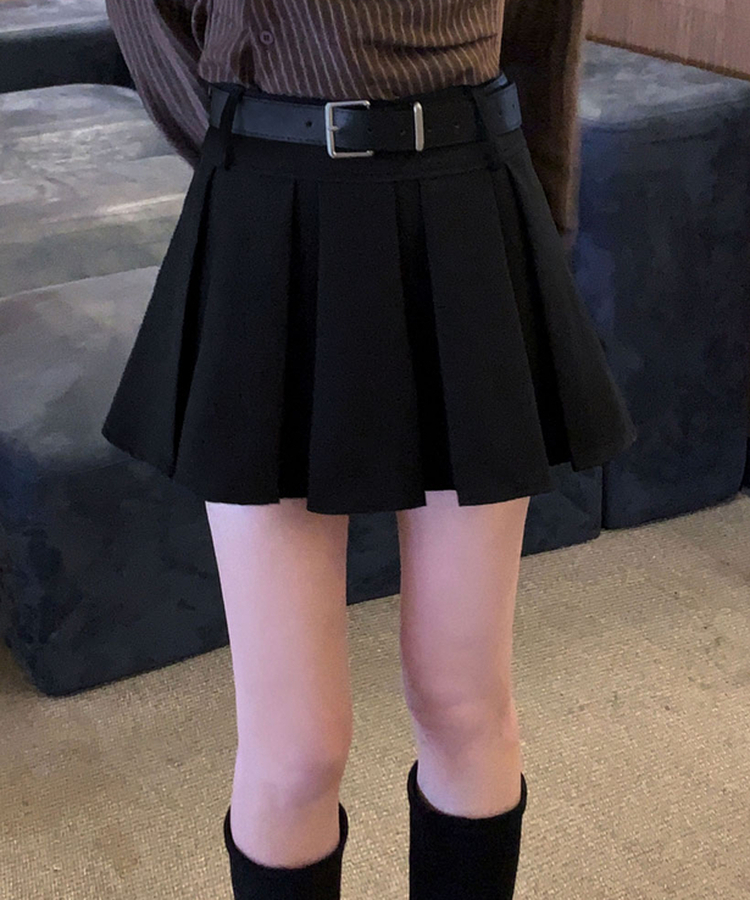 구김걱정없는 탄탄함시카고 플리츠 벨트SET 미니 A라인 스커트 블랙