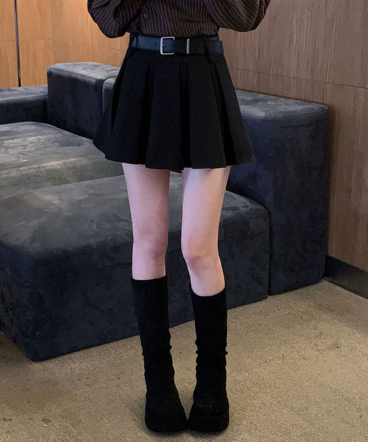 구김걱정없는 탄탄함시카고 플리츠 벨트SET 미니 A라인 스커트 블랙