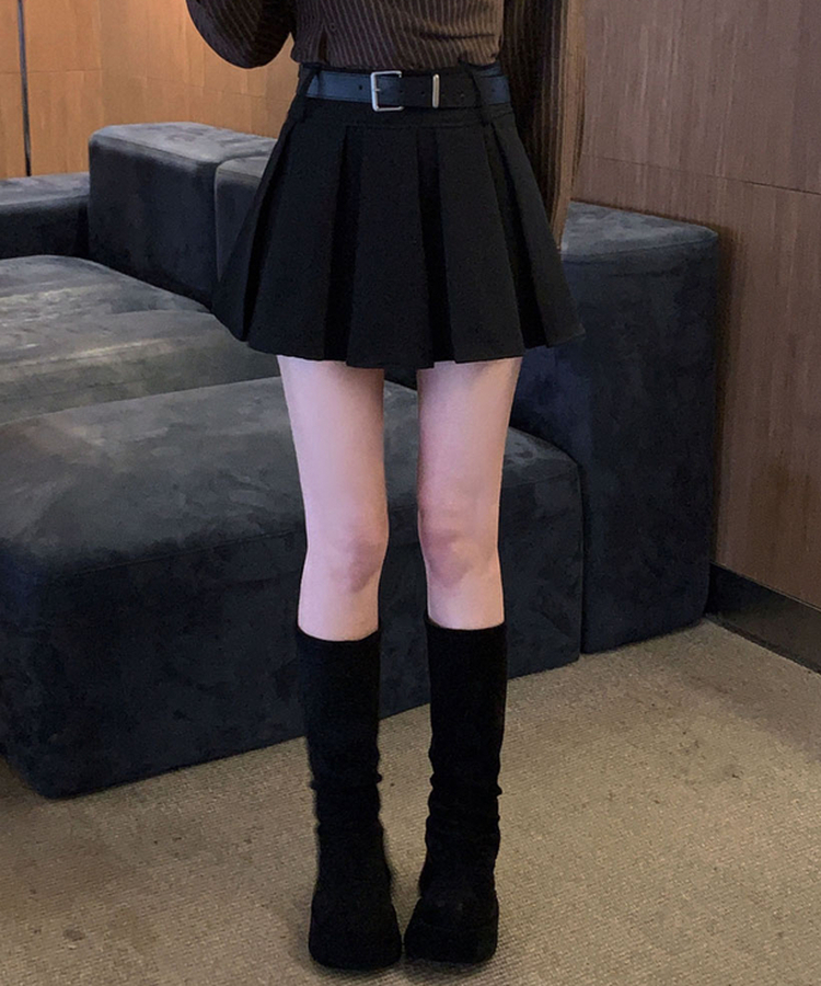 구김걱정없는 탄탄함시카고 플리츠 벨트SET 미니 A라인 스커트 블랙