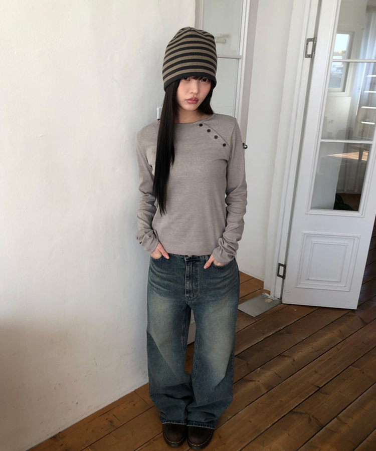 シンプル斜めボタン長袖Tシャツ MOCHA