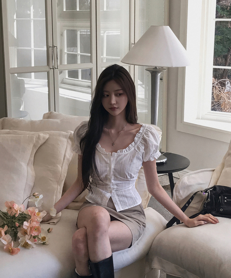 フリルオフショルダーコットン半袖ブラウス(5color) IVORY