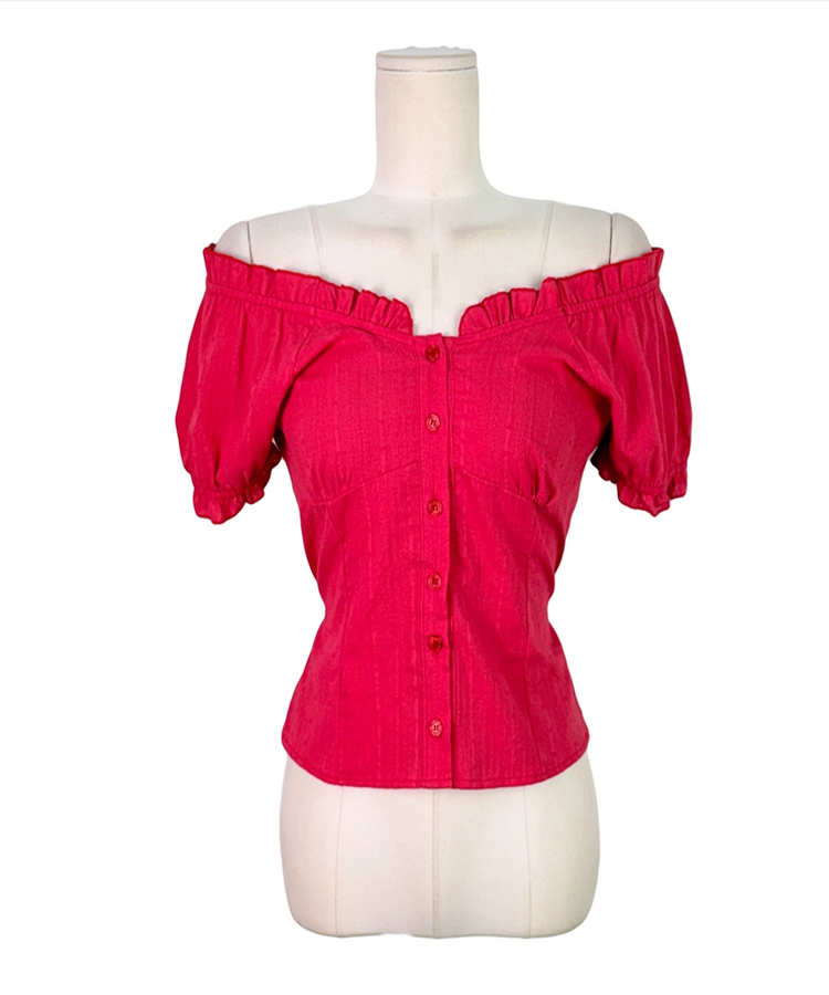 フリルオフショルダーコットン半袖ブラウス(5color)