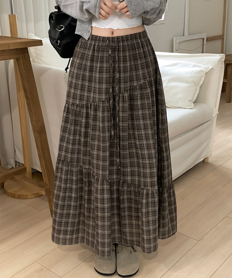 ティアードチェックロングスカート BROWN