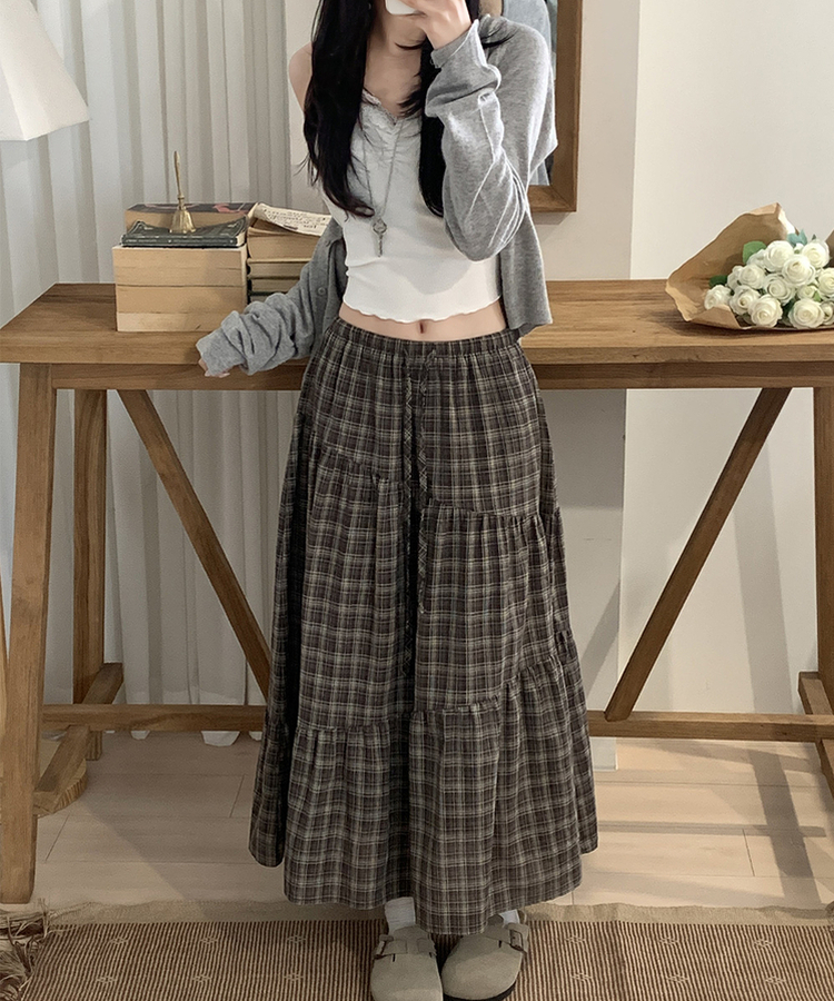 ティアードチェックロングスカート BROWN