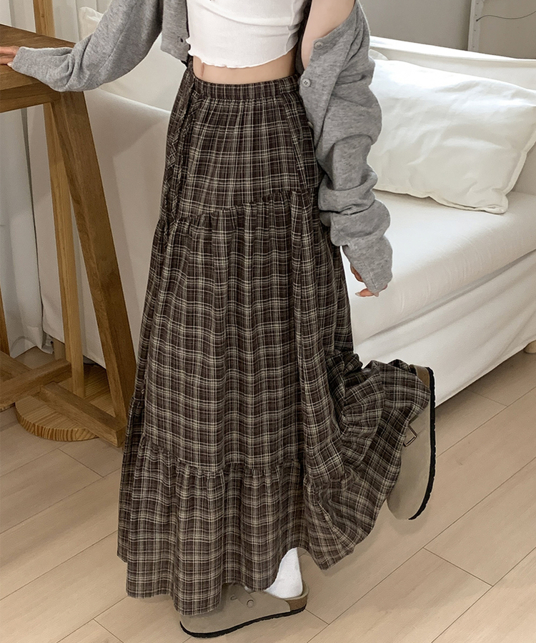 ティアードチェックロングスカート BROWN