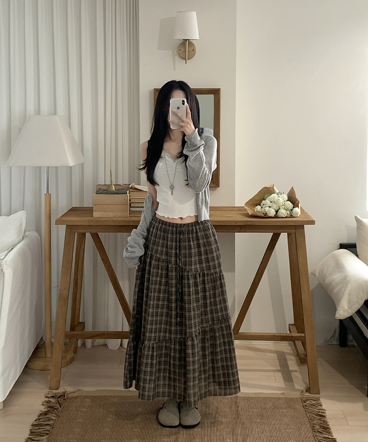 ティアードチェックロングスカート BROWN