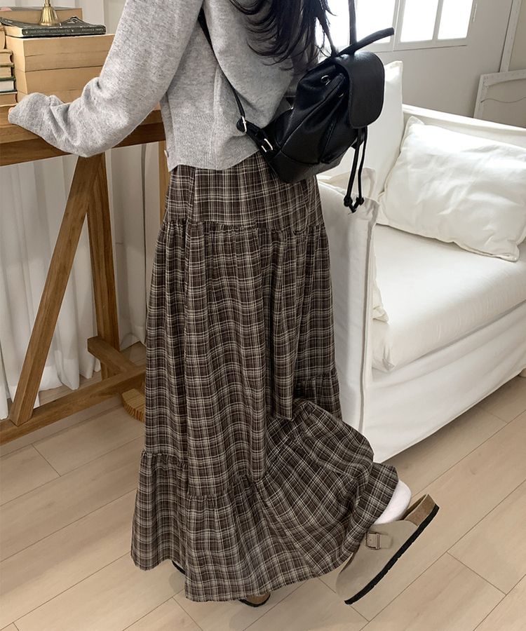 ティアードチェックロングスカート BROWN