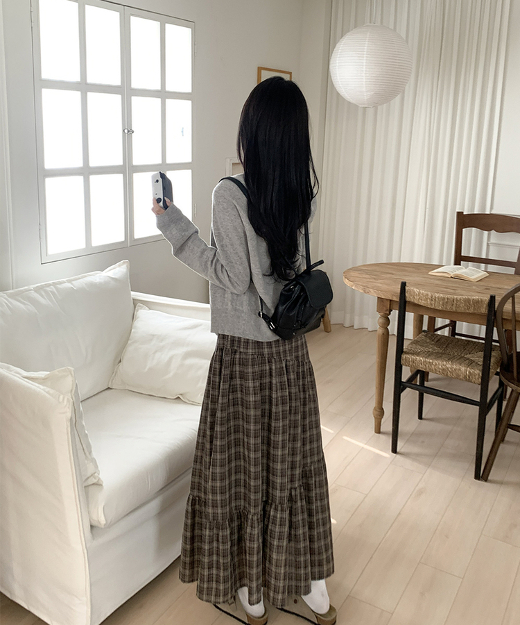 ティアードチェックロングスカート BROWN
