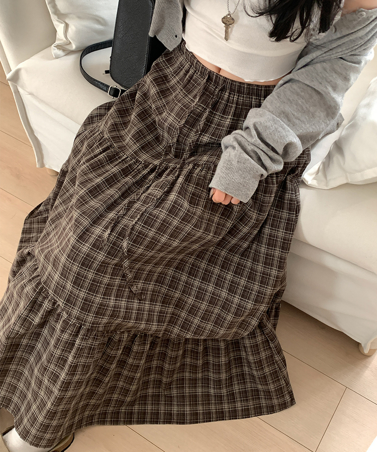 ティアードチェックロングスカート BROWN