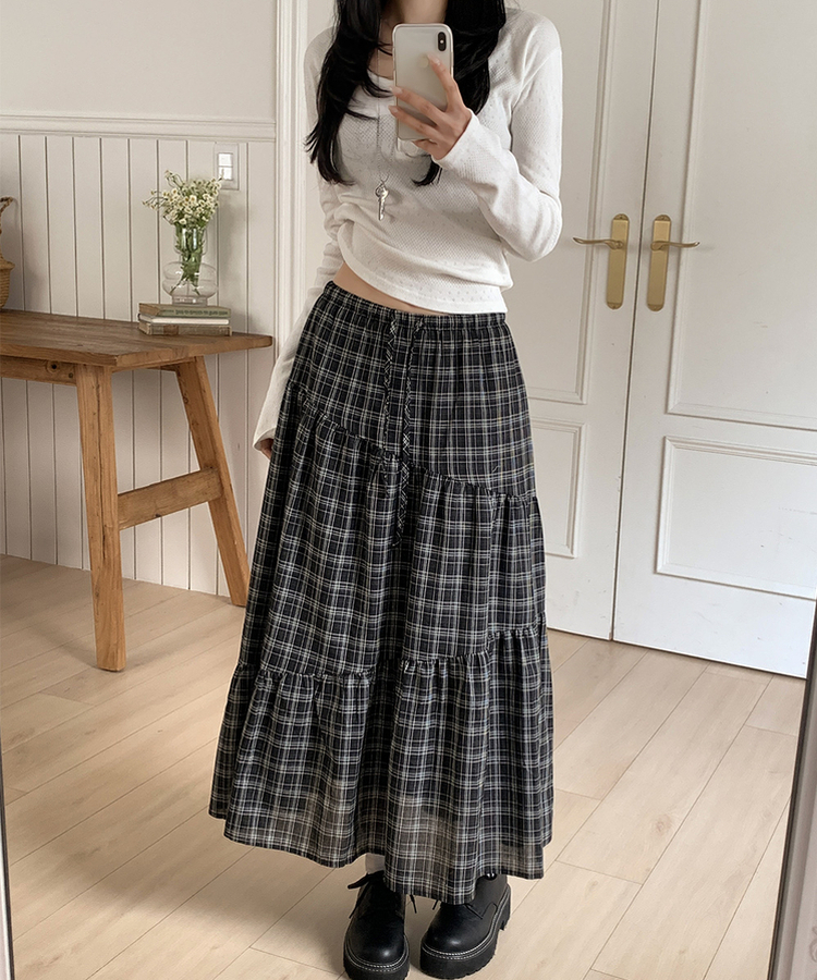 ティアードチェックロングスカート BLACK