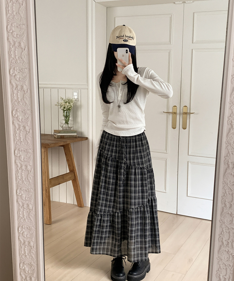 ティアードチェックロングスカート BLACK