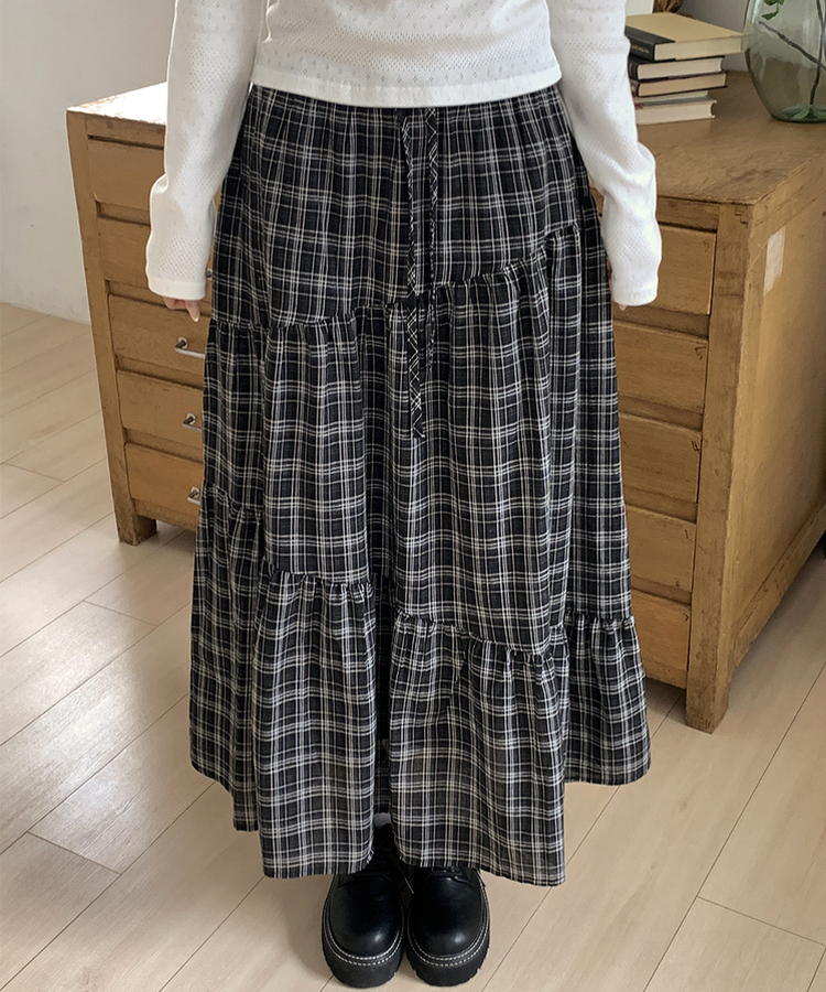 ティアードチェックロングスカート BLACK