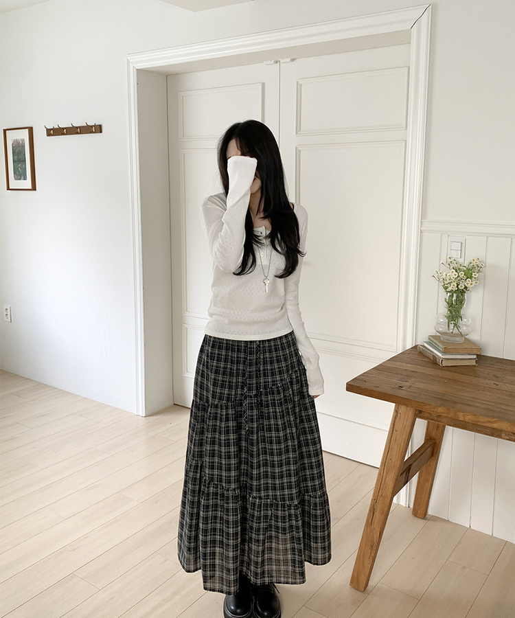 ティアードチェックロングスカート BLACK
