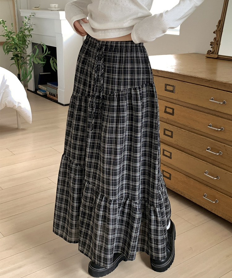 ティアードチェックロングスカート BLACK