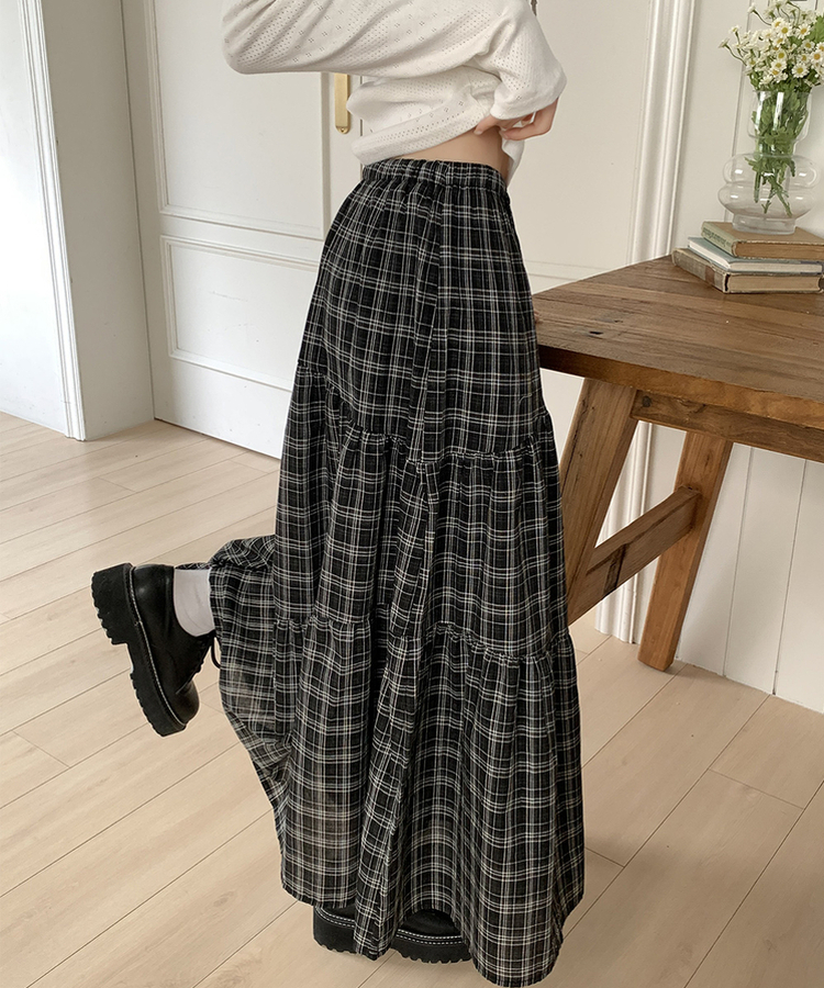 ティアードチェックロングスカート BLACK