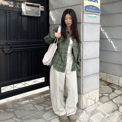 ビンテージチェックロングシアーシャツ(6color) KHAKI