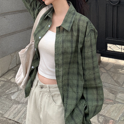 ビンテージチェックロングシアーシャツ(6color) KHAKI